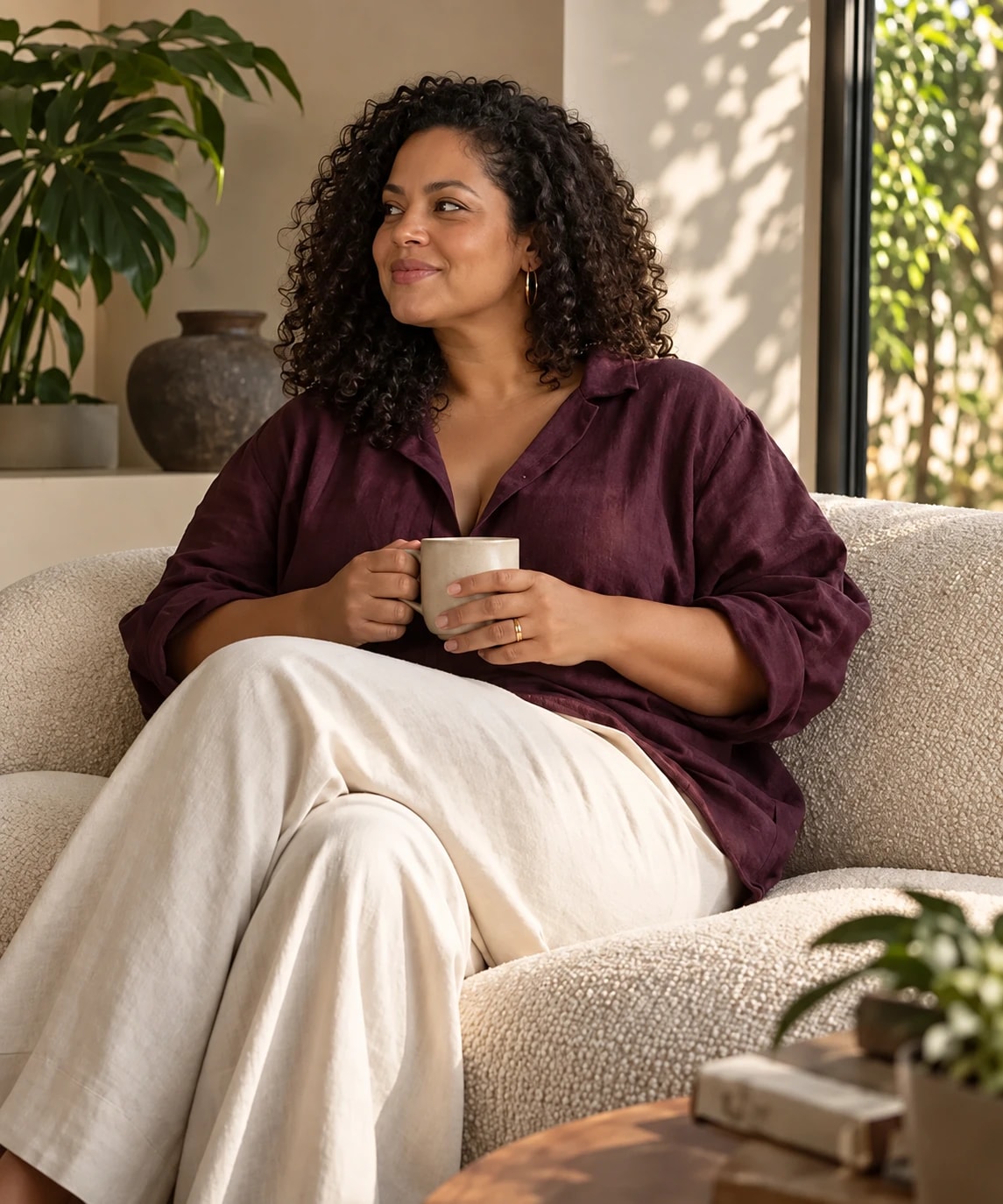 Illustrative image of a woman sitting on the couch holding a mug, in a quiet moment at home.